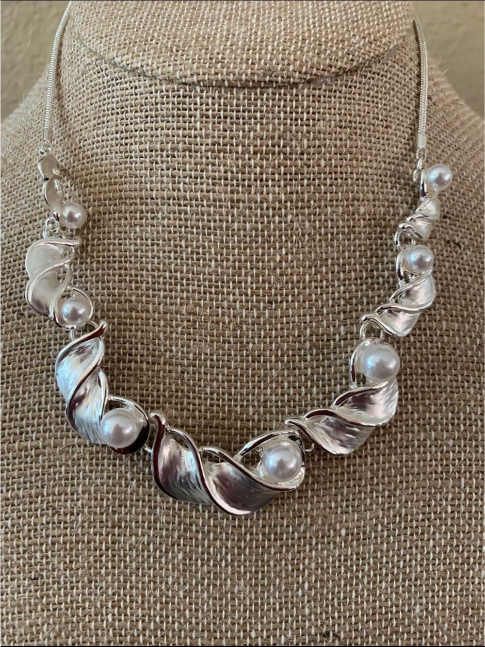 Silver Pearl Accent Swirl Necklace